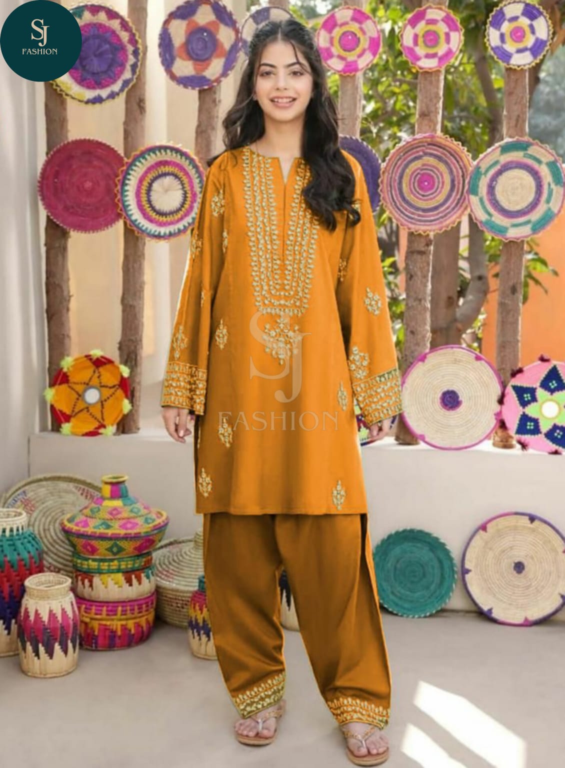 KIDS 2PCS SUIT Front Neckline, Sleeves Embroidered Shirt