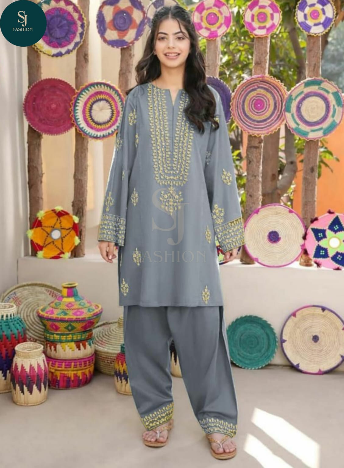 KIDS 2PCS SUIT Front Neckline, Sleeves Embroidered Shirt