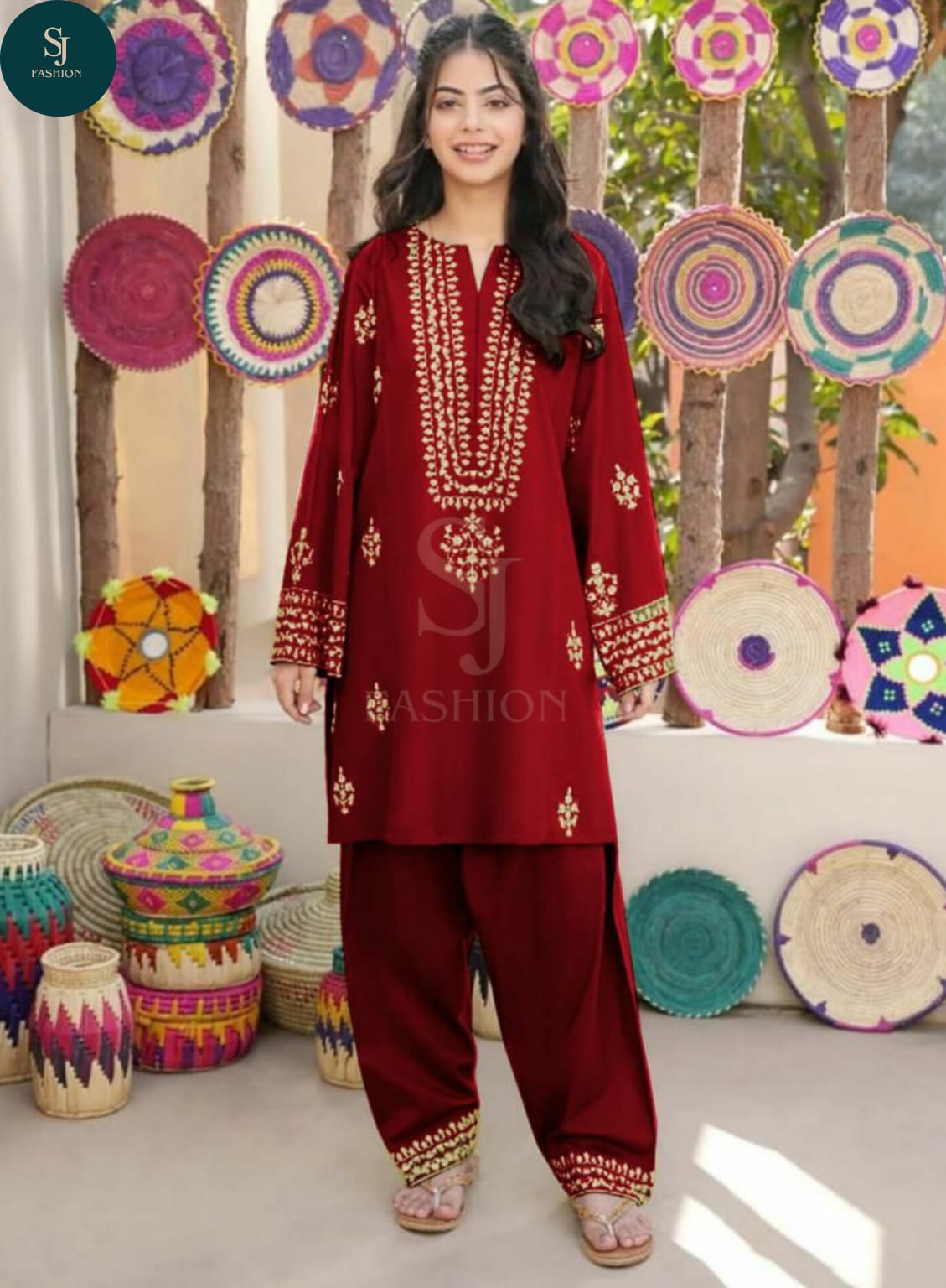 KIDS 2PCS SUIT Front Neckline, Sleeves Embroidered Shirt